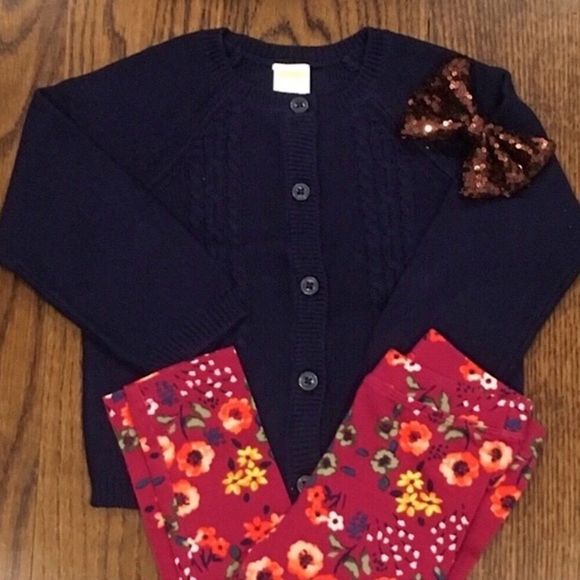 Navy Cardigan Floral Leggings Sequin Bow Set Sz 2T - Picture 2 of 11